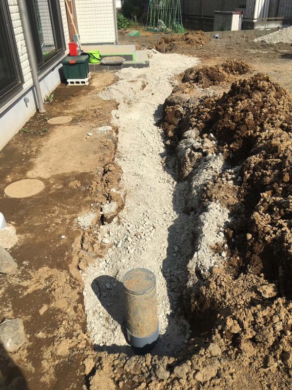暗渠パイプを入れるために地面を掘削。
