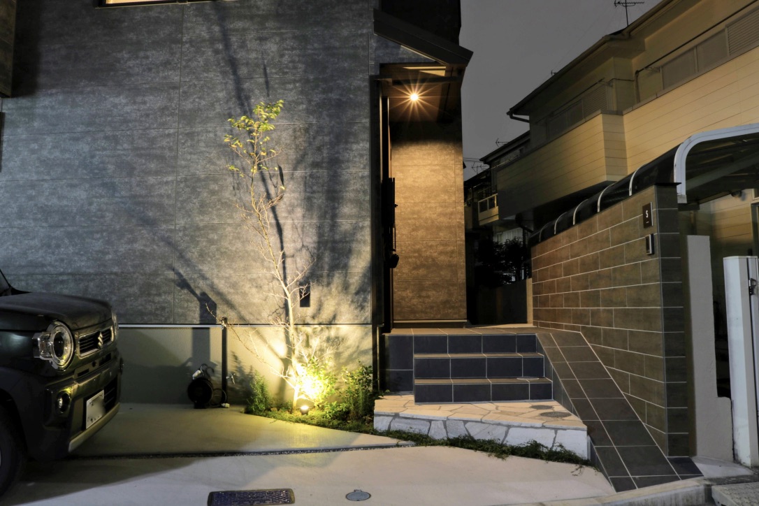 趣のある樹形のエゴノキがライトアップされ、その影が建物へ映り込みます。