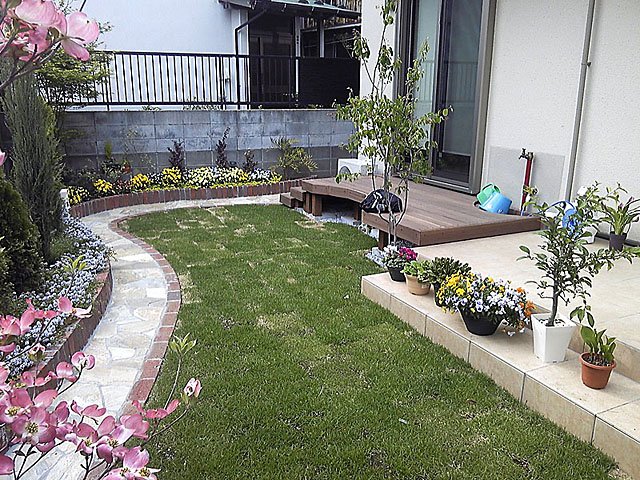 タイル、レンガ、花壇、植木